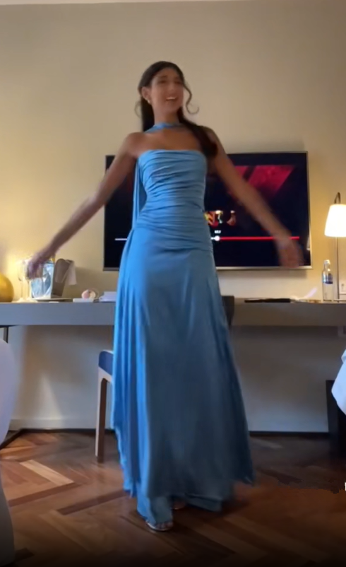 Vestido de fiesta azul sin tirantes, largo, para noche