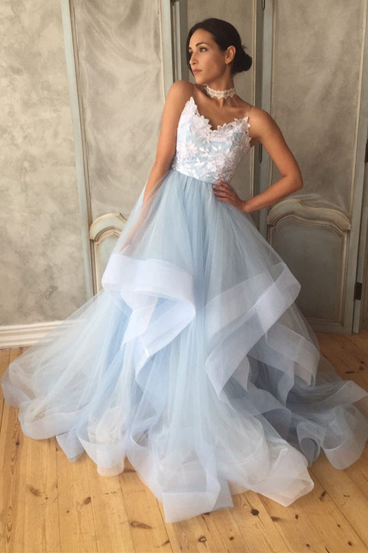 V Neck Blue Long Prom Dresses with Lace Appliques, Backless Formal Dresses GP310
