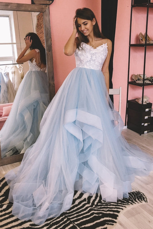 V Neck Blue Long Prom Dresses with Lace Appliques, Backless Formal Dresses GP310