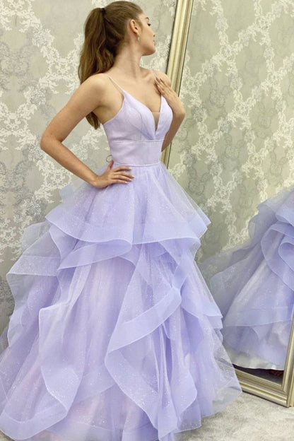 A-line V Neck Backless Lilac Long Prom Dress, Sparkly Formal Gown GP172