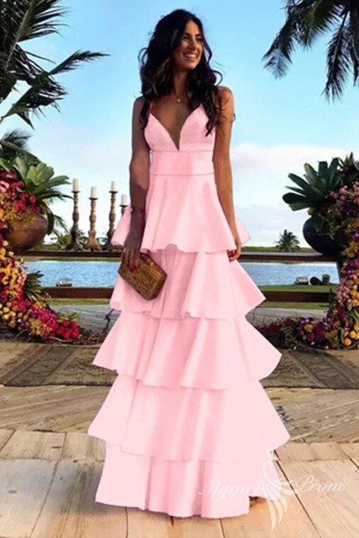V Neck Backless Navy Blue Layered Long Prom Dresses, Simple Evening Party Dresses GP433