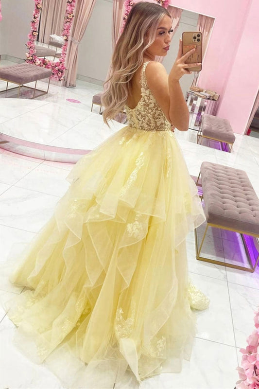 Princess Layered Yellow Tulle Lace Long Prom Dress, V-neck Sweet 16 Dress, GP468