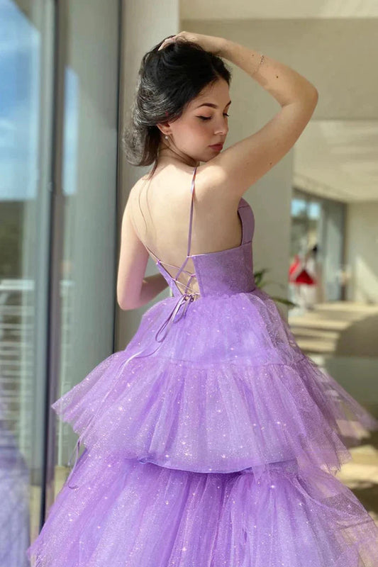 Princess Tulle V Neck Lavender High Low Prom Dresses, Formal Party Dresses GP451