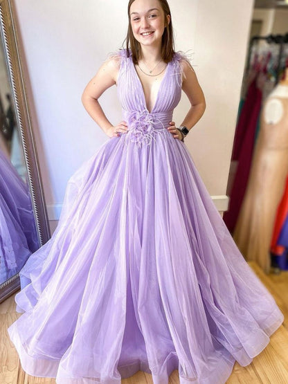 Vestidos de fiesta largos de tul lila, vestidos formales, vestido de noche formal largo con cuello en V