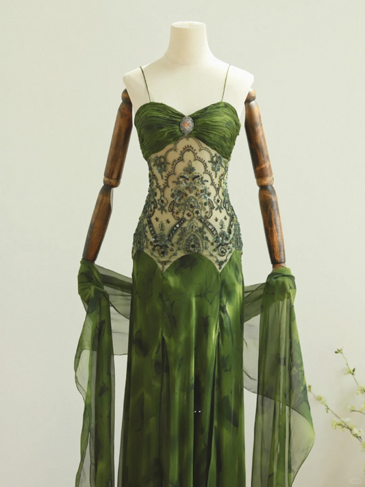 Green A Line Spaghetti Strap Beaded Chiffon Prom Dress 18th Birthday Dress SH3898