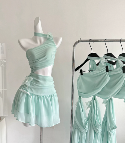 Mint Green A Line Halter Flower Chiffon Short Homecoming Dress Cocktail Dress SH3050