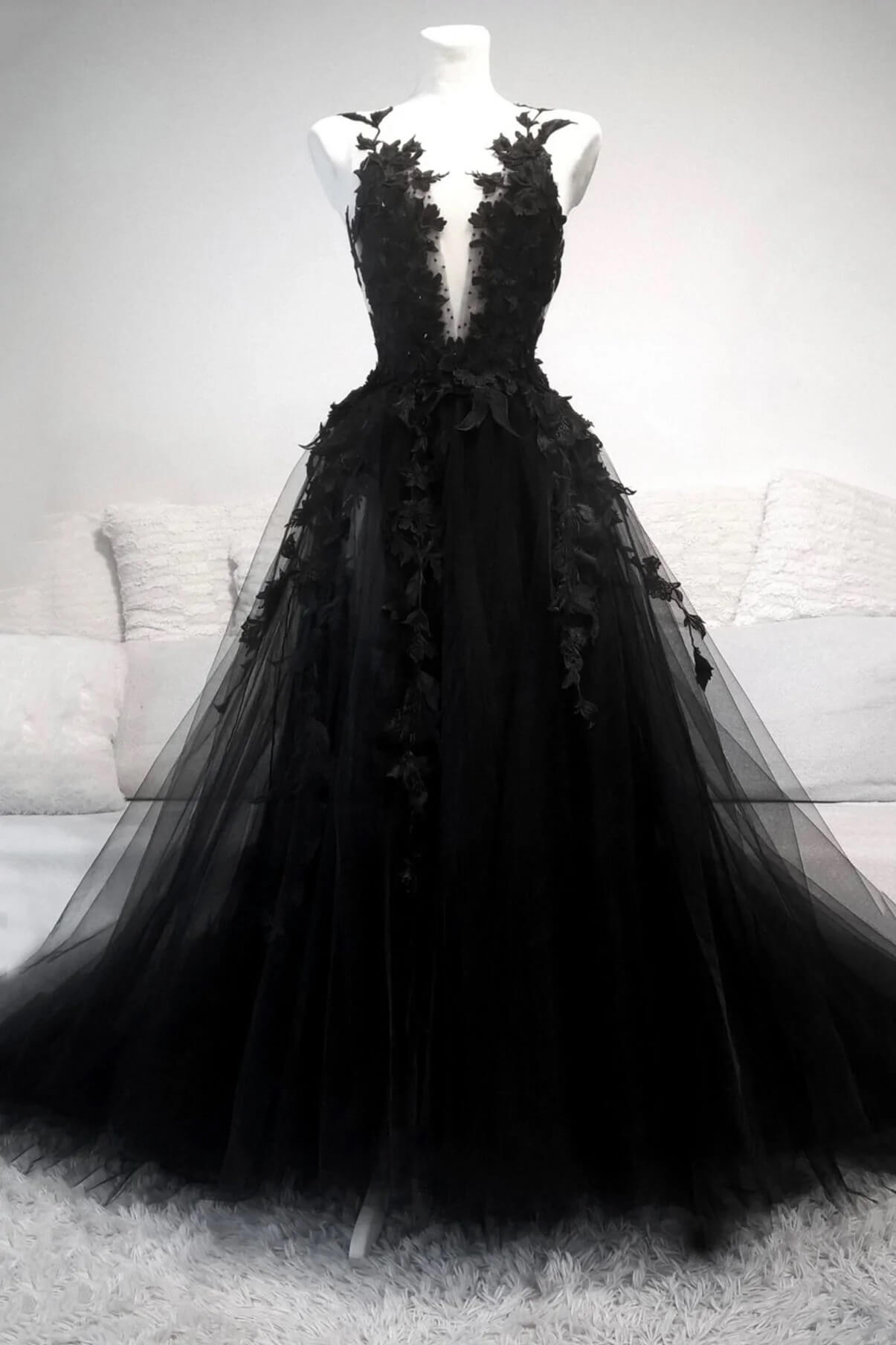 Vestidos de fiesta vintage de tul con escote en V negro, vestido formal con encaje
