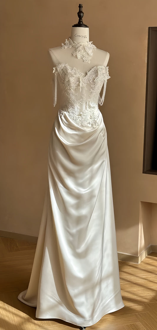 Vintage White/Ivory Appliques Wedding Dress, Sheath Lace Floral Bridal Gown, AST1750