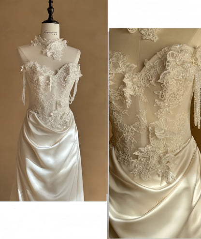 Vintage White/Ivory Appliques Wedding Dress, Sheath Lace Floral Bridal Gown, AST1750