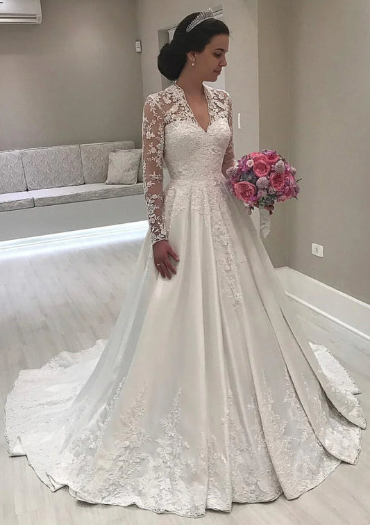 Vintage White Lace A-Line Wedding Dresses Appliques Long Sleeve Bridal Gown, AST972