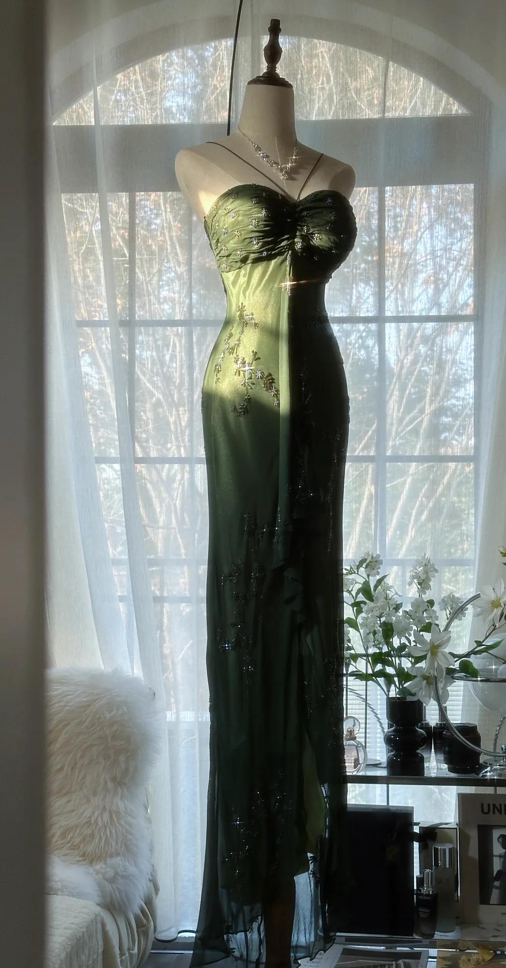 Vintage💚 Forest Green Spaghetti Straps Long Prom Dresses Glitter Chiffon Beaded Elegant Party Dresses ED01717