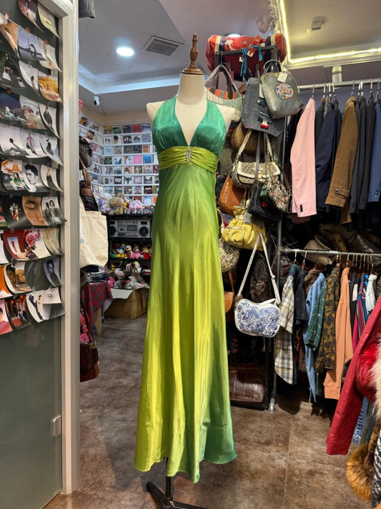 Green Fashion Gradient Retro Elegant V-neck Exquisite Rhinestone Long Satin Backless Ball Gown Evening Gown Party Dress gh4138