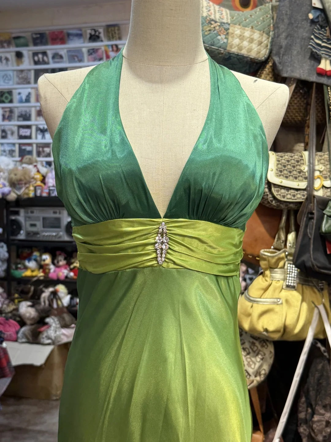 Green Fashion Gradient Retro Elegant V-neck Exquisite Rhinestone Long Satin Backless Ball Gown Evening Gown Party Dress gh4138