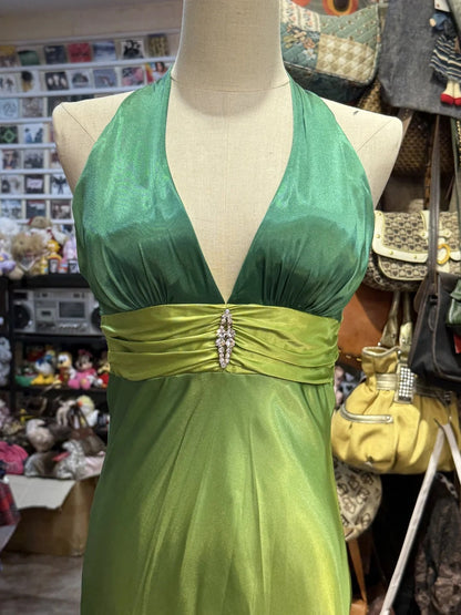 Green Fashion Gradient Retro Elegant V-neck Exquisite Rhinestone Long Satin Backless Ball Gown Evening Gown Party Dress gh4138
