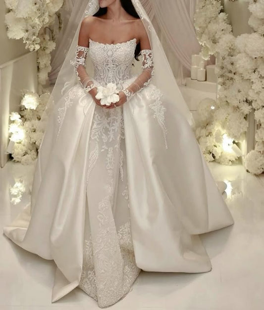Vestido de novia modesto, vestido de fiesta sin tirantes, blanco, de satén, largo, para novias, W0104