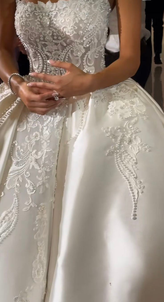 Vestido de novia modesto, vestido de fiesta sin tirantes, blanco, de satén, largo, con guantes, W0105