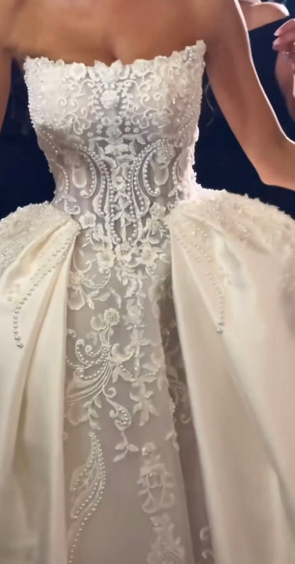 Vestido de novia modesto, vestido de fiesta sin tirantes, blanco, de satén, largo, con guantes, W0105