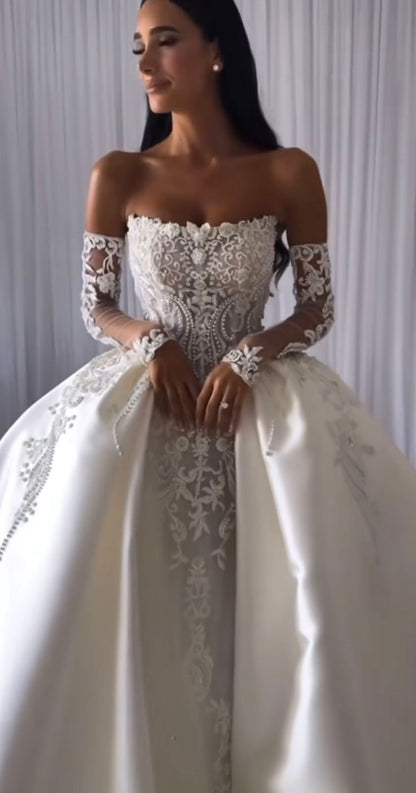 Vestido de novia modesto, vestido de fiesta sin tirantes, blanco, de satén, largo, con guantes, W0105