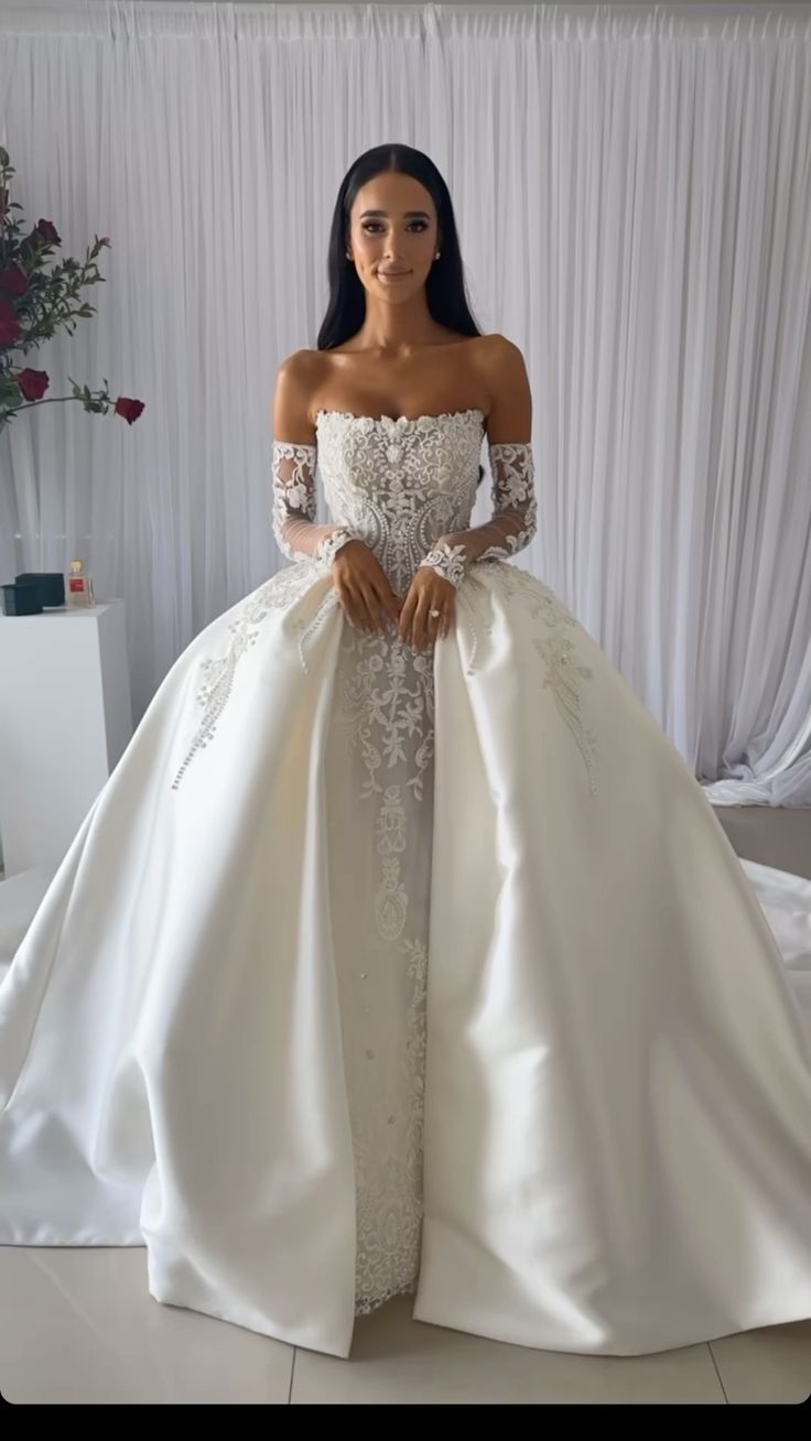 Vestido de novia modesto, vestido de fiesta sin tirantes, blanco, de satén, largo, con guantes, W0105