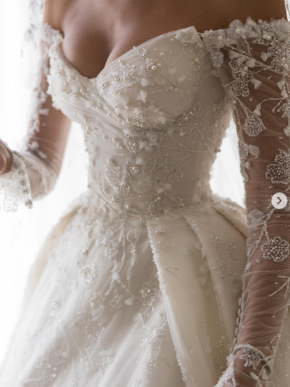 Vestido de novia de ensueño, vestido de fiesta con hombros descubiertos y encaje, vestidos de novia W0108