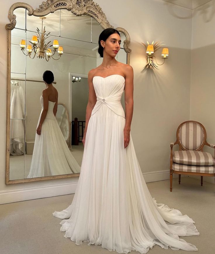Vestido de novia sencillo, corte A, sin tirantes, de gasa, para verano, playa, blanco, W0112