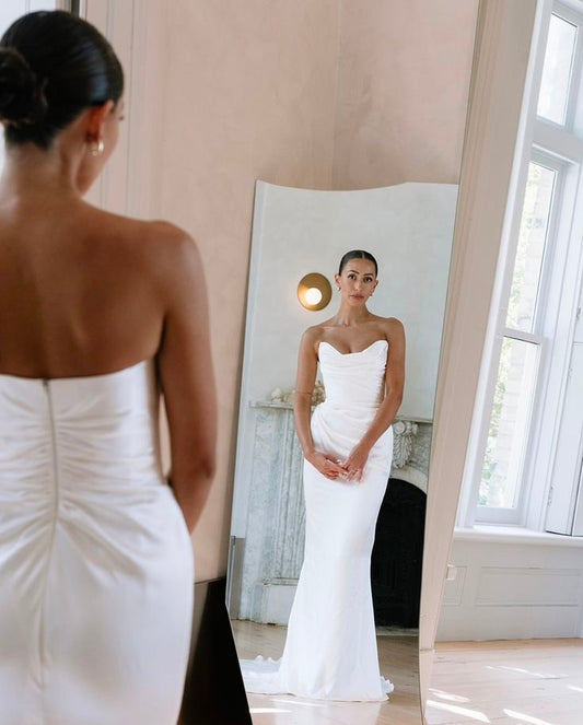 Vestido de novia sencillo, corte A, sin tirantes, de gasa, para verano, playa, blanco, W0113