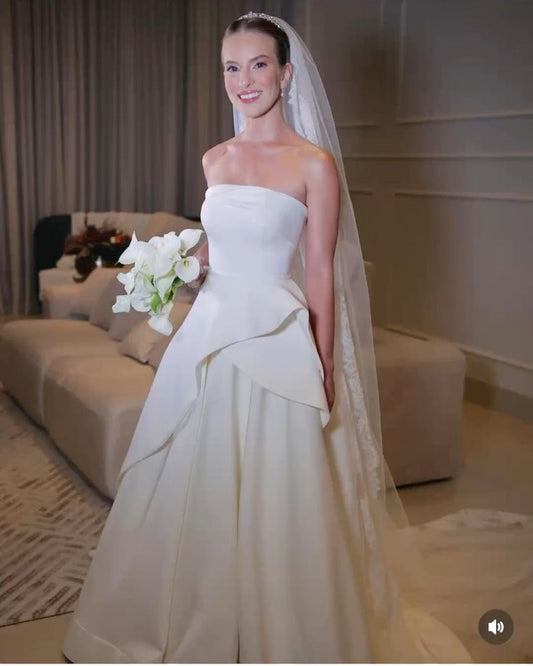 Vestido de novia modesto, vestido de fiesta sin tirantes, blanco, de satén, largo, para novias, W0114
