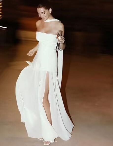 Vestido de novia sencillo de corte A, sin tirantes, de gasa, para verano, playa, blanco, con abertura, W0115