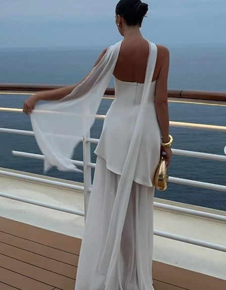 Vestido de novia sencillo de corte A, sin tirantes, de gasa, para verano, playa, blanco, con abertura, W0115