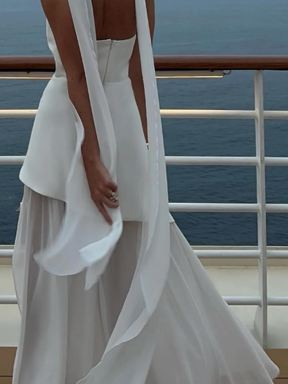 Vestido de novia sencillo de corte A, sin tirantes, de gasa, para verano, playa, blanco, con abertura, W0115