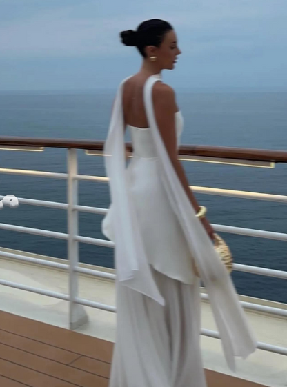 Vestido de novia sencillo de corte A, sin tirantes, de gasa, para verano, playa, blanco, con abertura, W0115