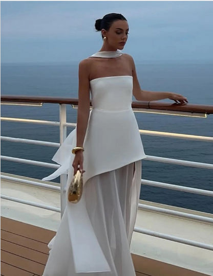 Vestido de novia sencillo de corte A, sin tirantes, de gasa, para verano, playa, blanco, con abertura, W0115