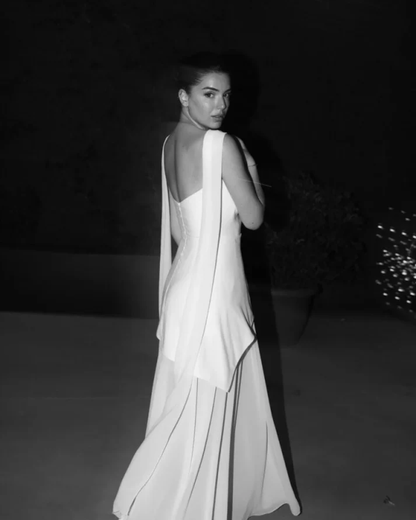 Vestido de novia sencillo de corte A, sin tirantes, de gasa, para verano, playa, blanco, con abertura, W0115