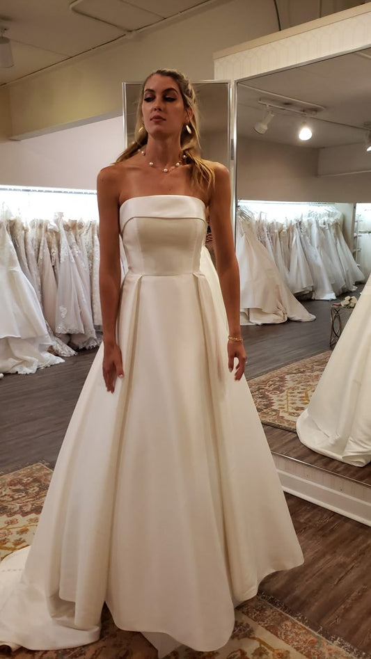Vestido de novia modesto, vestido de fiesta sin tirantes, blanco, de satén, largo, vestido de novia, W0116