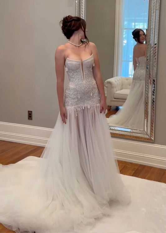Vestido de novia de ensueño, corte sirena, sin tirantes, de tul blanco, largo, W0117