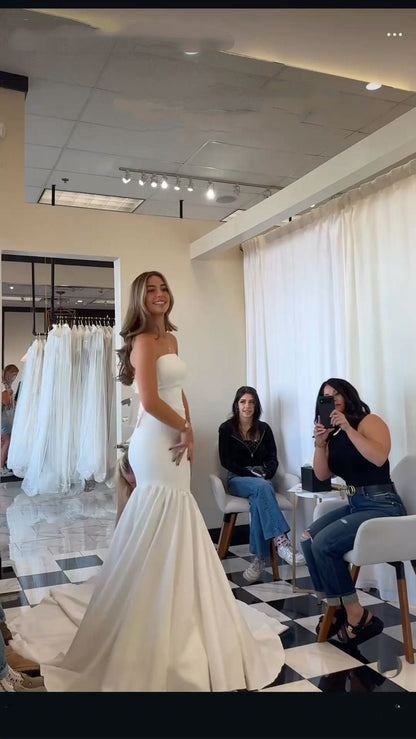 Vestido de novia de ensueño, corte sirena, sin tirantes, blanco, de satén, largo, W0118