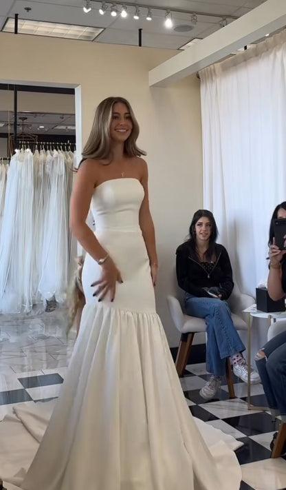 Vestido de novia de ensueño, corte sirena, sin tirantes, blanco, de satén, largo, W0118