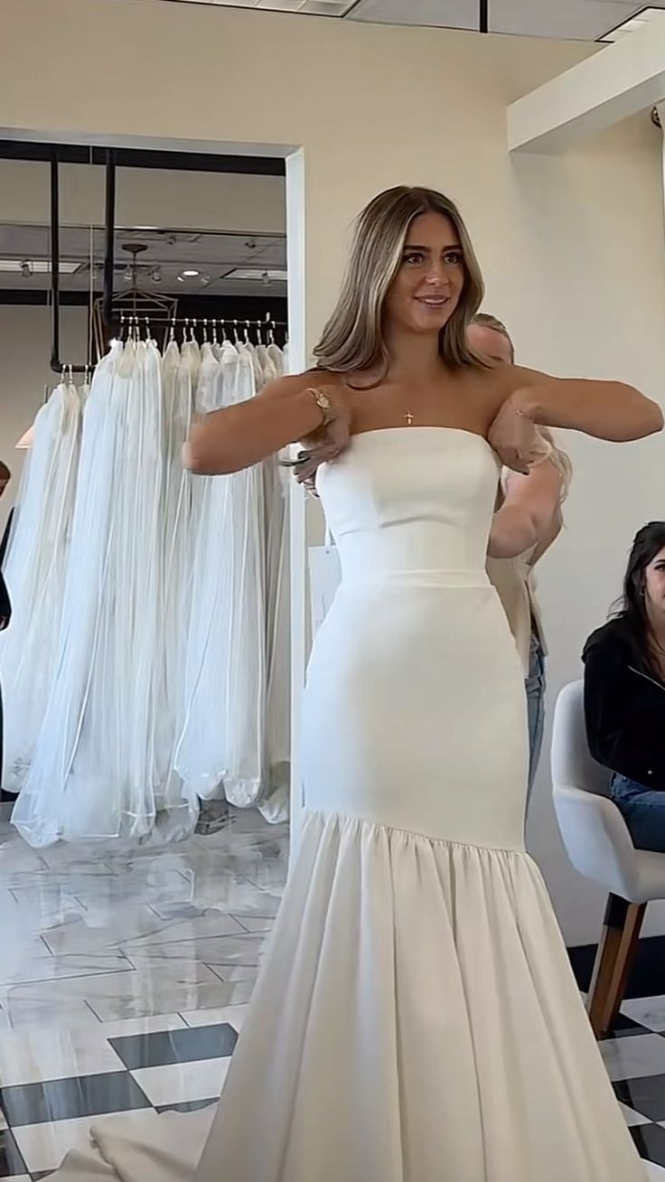 Vestido de novia de ensueño, corte sirena, sin tirantes, blanco, de satén, largo, W0118