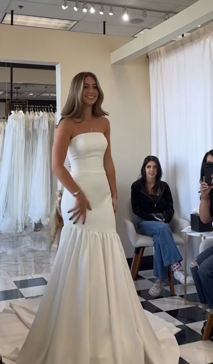 Vestido de novia de ensueño, corte sirena, sin tirantes, blanco, de satén, largo, W0118