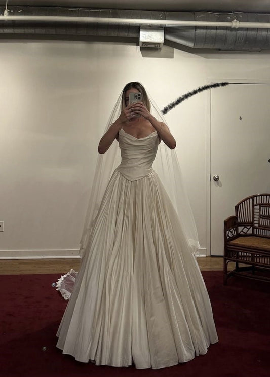 Vestido de novia modesto, vestido de fiesta sin tirantes, blanco, de satén, largo, para novias, W0121