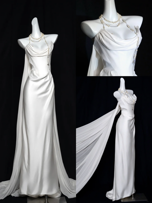 Vestido de novia de ensueño, sin tirantes, de satén blanco, para verano, playa, largo, W0124