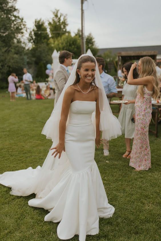 Vestido de novia de ensueño, sirena, sin tirantes, blanco, de satén, largo, de verano, W0133