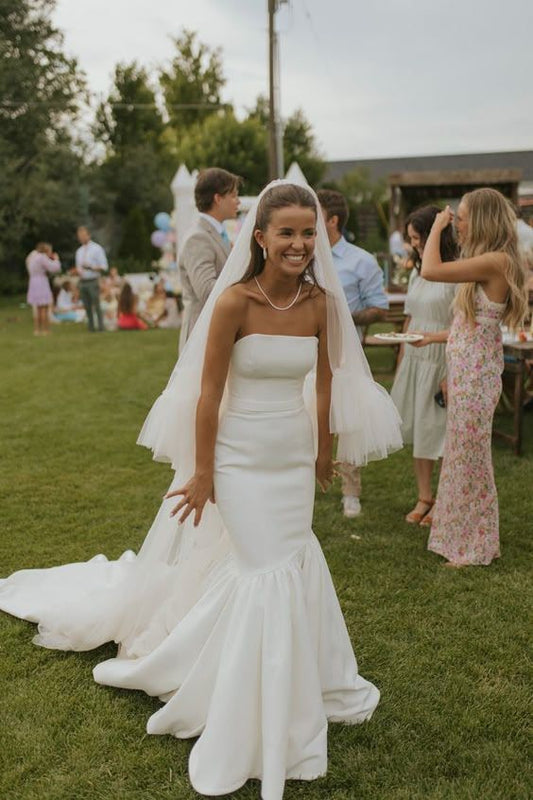 Vestido de novia de ensueño, sirena, sin tirantes, blanco, de satén, largo, de verano, W0133