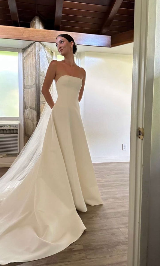 Vestido de novia rústico, sin tirantes, de satén blanco, largo, de verano, W0134