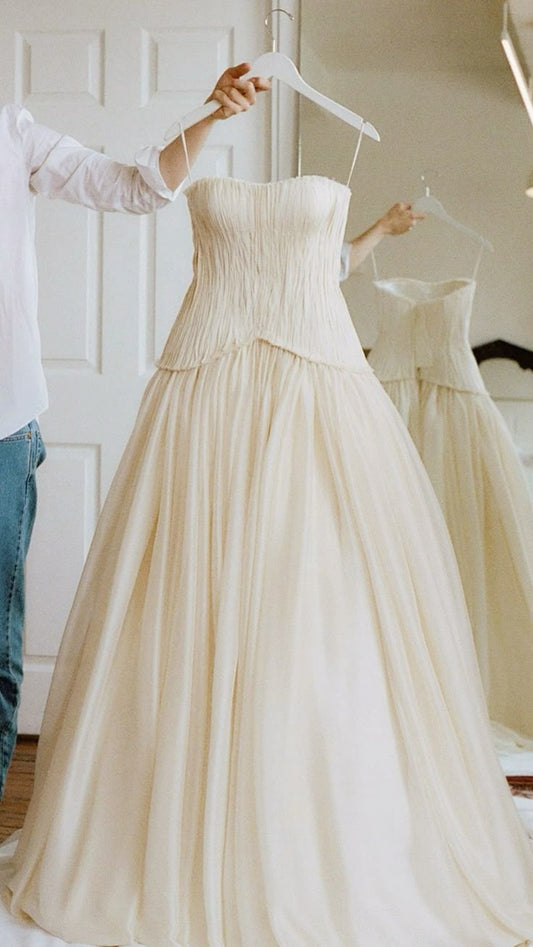 Vestido de novia rústico, sin tirantes, de tul blanco, largo, de verano, W0135