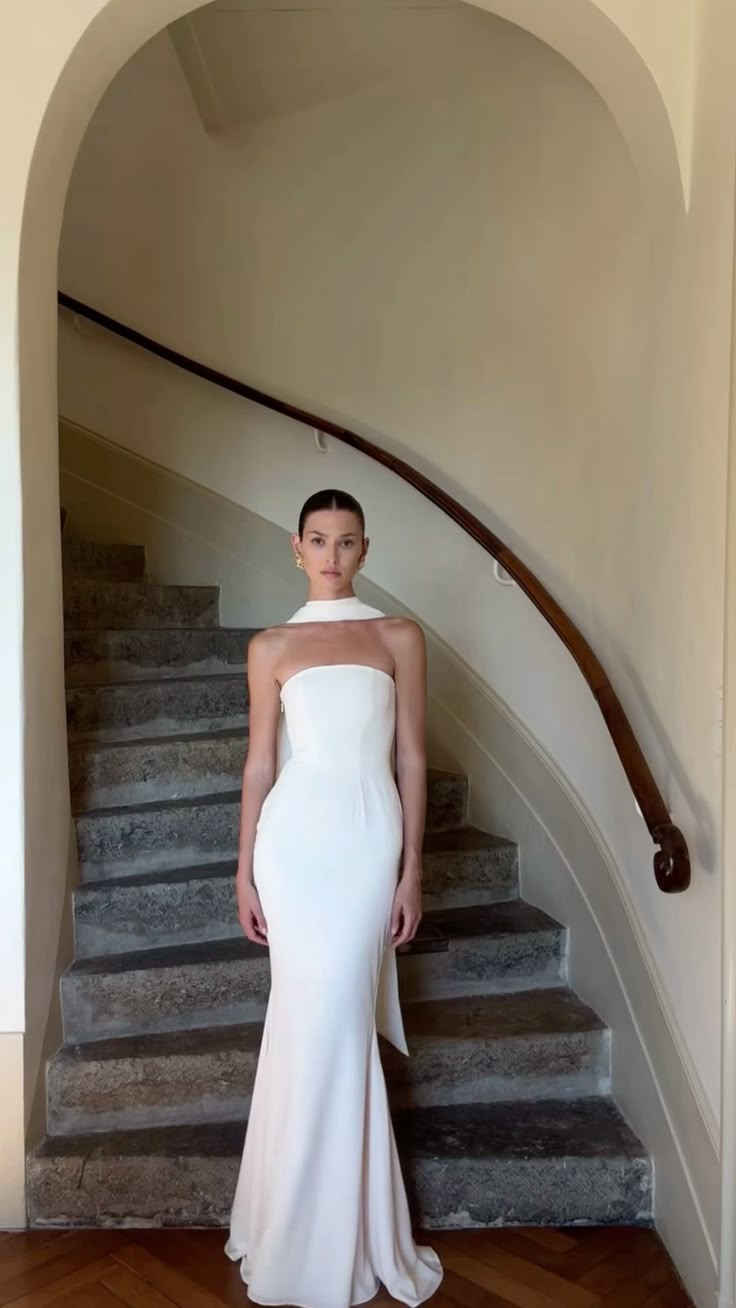 Vestido de novia de ensueño, corte sirena, sin tirantes, de satén blanco, para verano, playa, largo, con pañuelo, W0141