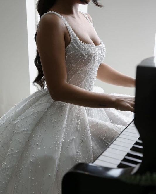 Vestido de novia rústico, vestido de fiesta, escote cuadrado, perlas blancas, tul, largo, para novias de verano, W0146