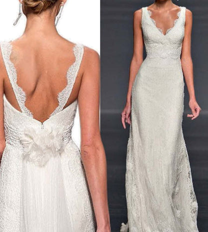 Hermoso vestido de novia de sirena con escote en V y encaje blanco de verano W0150