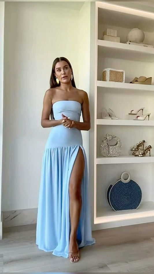 Vestido azul sencillo de gasa para 20 cumpleaños, corte A, sin tirantes, largo, para fiesta de graduación, W0155