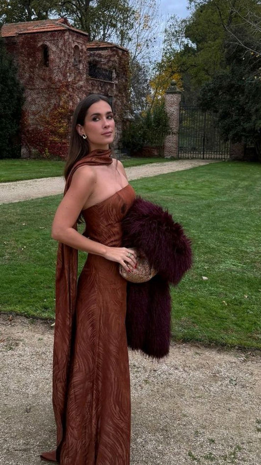 Vestido de fiesta de 20 años con encaje marrón, corte A, sin tirantes y bufanda, para mujer, W0164